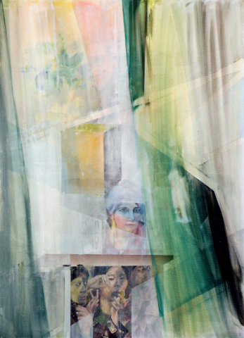 untitled (Natascha Kampusch at first TV appearance), 2007 / 2010,
  oil, acrylic, canvas, palimpsest (overpainting Indonesian female soldiers applying make-up),
  120 × 100 cm (Kirsten Kötter) / ohne Titel (Natascha Kampusch beim ersten TV-Auftritt),
  Palimpsest (Übermalung Indonesische Soldatinnen beim Schminken)