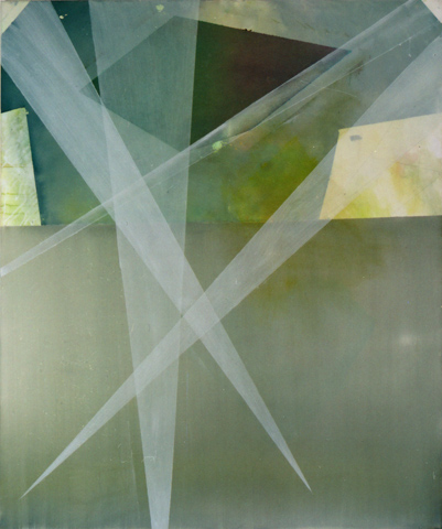 Laser beams, 2007 / 2011, oil, acrylic, canvas, palimpsest (overpainting Tank),
  120 × 100 cm (Kirsten Kötter) / ohne Titel (Laserstrahlen), Palimpsest (Übermalung Panzer)