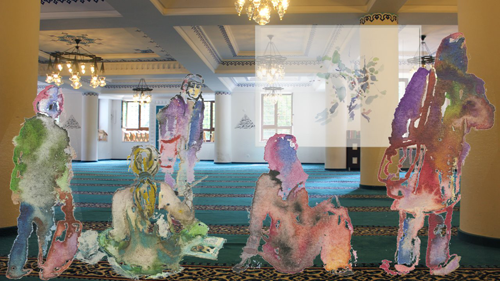 Site-specific research Şehitlik Mosque, Berlin, 2015-06-13_videostill-frauen_dm, talking with the other women after prayer, digital montage, video still (Kirsten Kötter)