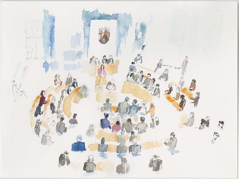 2019-02-21_plenarsitzung_skizze, plenary session Landtag (German state parliament) Rheinland-Pfalz, Mainz, 
  watercolour, 30 × 40 cm (Kirsten Kötter)