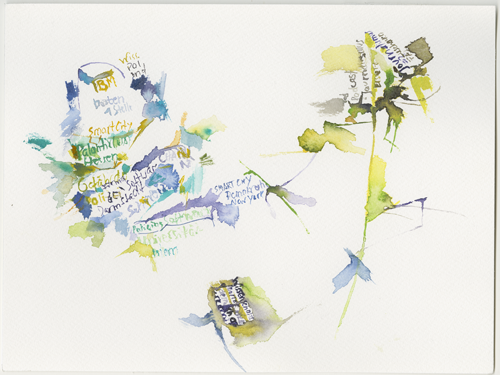 2018-05-04_rp_11-15_leon-kaiser-stadt_st4_13-45_podcasting-stage-3, re:publica 18, watercolour, 24 × 32 cm
  (Kirsten Kötter)